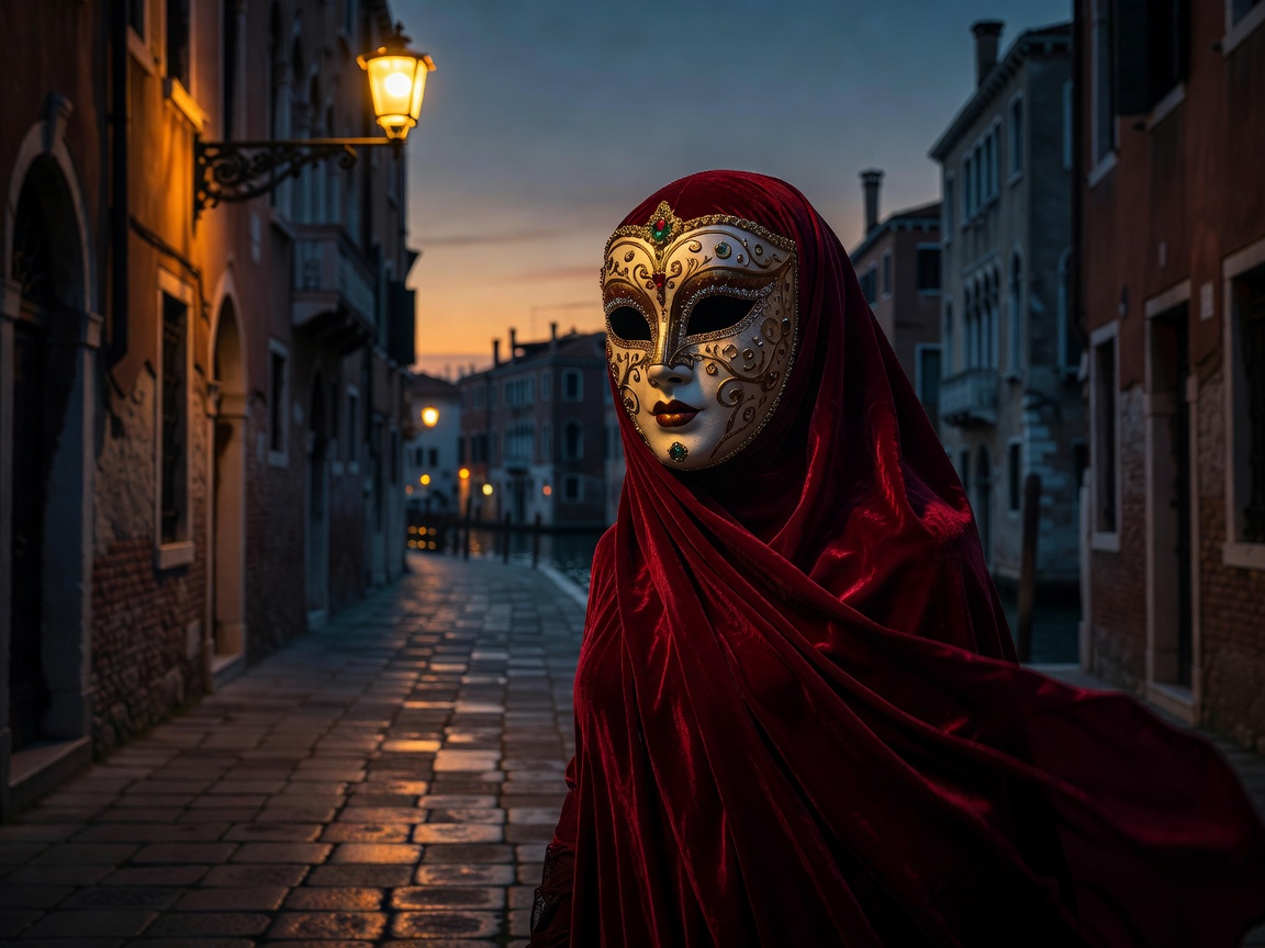 Intricate Venetian mask and cloak illuminated in dusk street light