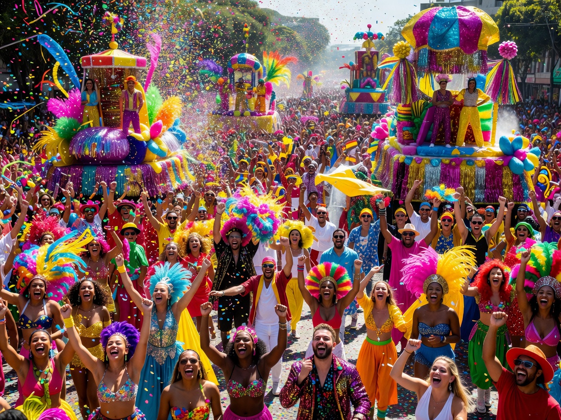 Massive crowd celebration during colorful outdoor festival parade
