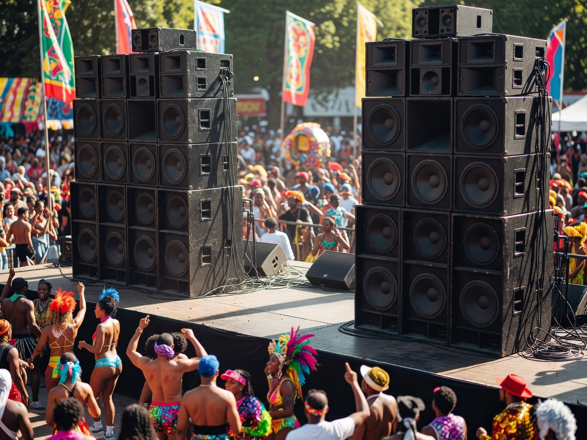 Notting Hill Carnival outdoor sound stage setup with massive speaker stacks