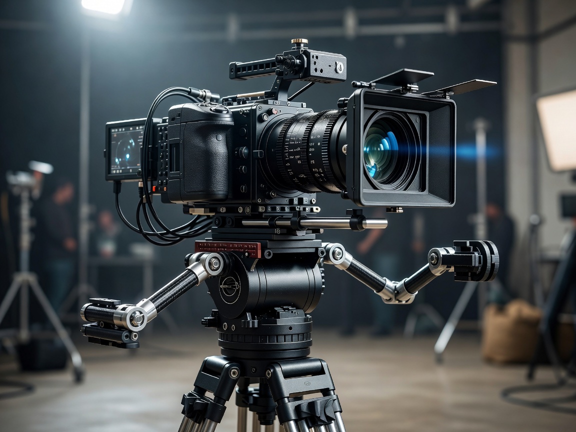 Professional cinema camera set up with anamorphic lens on dynamic rig