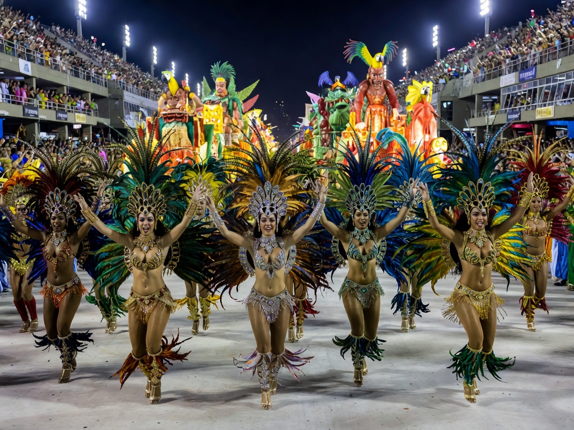 Rio de Janeiro Sambadrome parade dancers under brilliant stadium lights