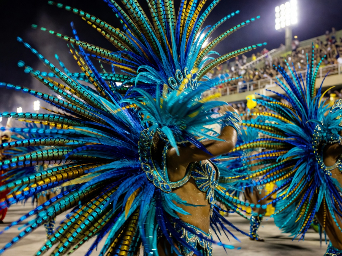 Sambadrome high speed feather costume close-up under stadium lights