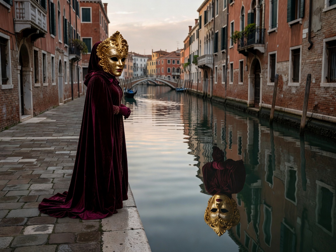 Venetian carnival masquerade performer with gilded mask in canal reflection